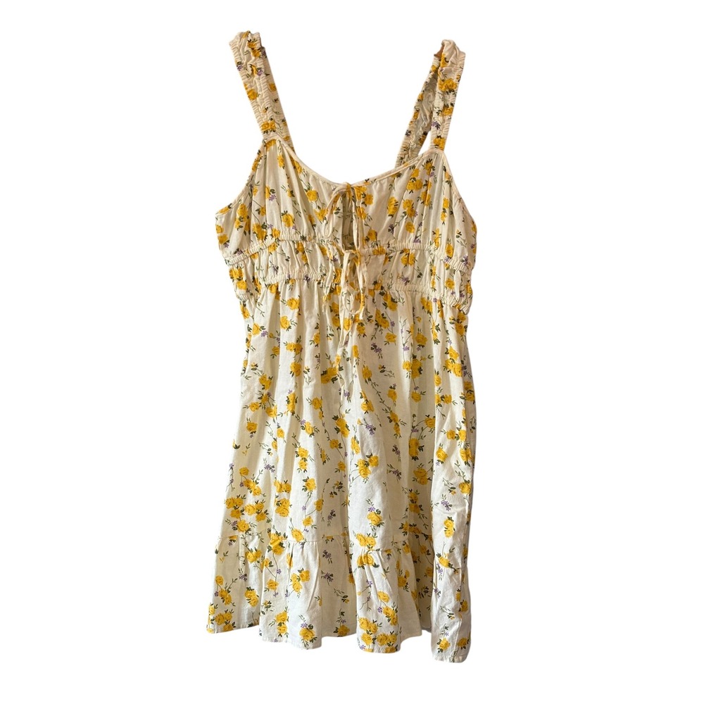 Sim & Sam Floral Smocked‎ Mini Dress XL Yellow Rose Tie Front Cottagecore NWT